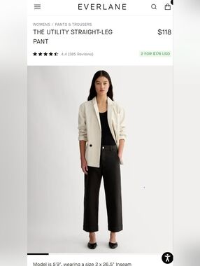 Everlane Cropped Straight Leg Pant Black|  Short Length | 00